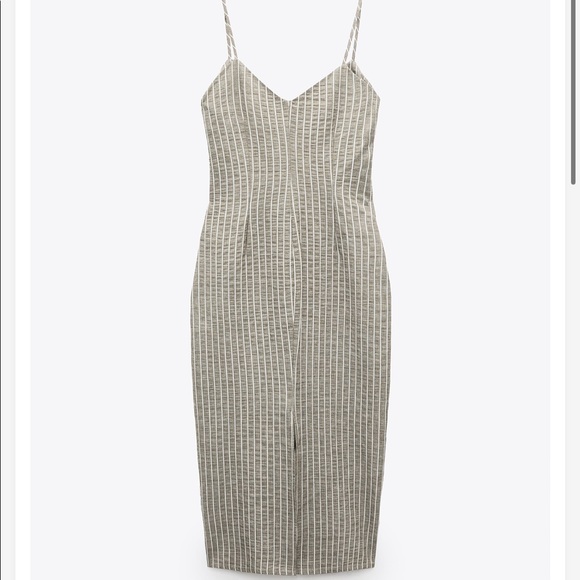 Zara striped tan and white cotton midi dress NWT - Picture 4 of 10